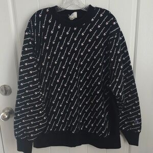 CHAMPION Men's Black All-Over Logo Heavy Reverse Weave Crewneck Sweatshirt